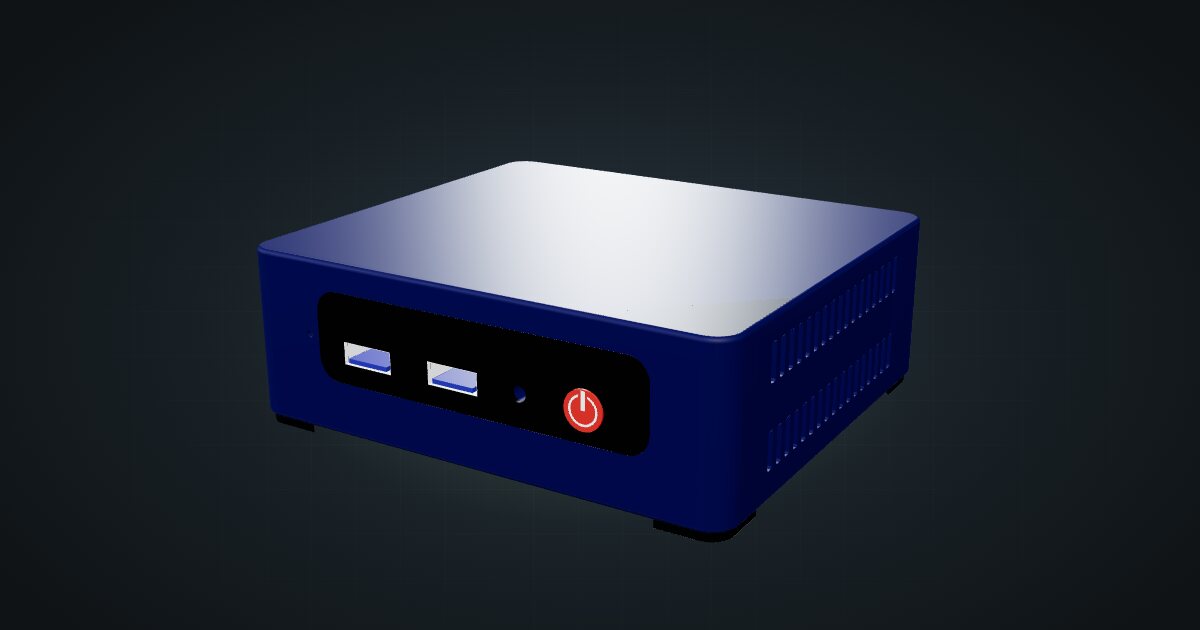 3D render of the Beelink Mini S12 / N100, front three-quarter view on a dark studio backdrop