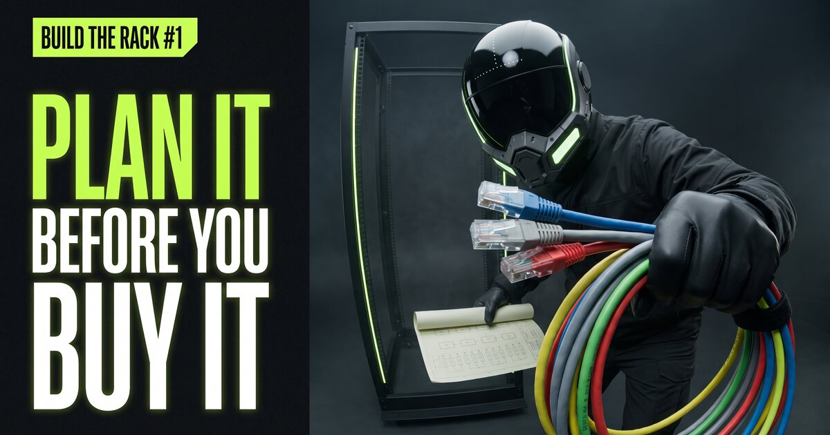 The masked host leans into the lens with a fan of coloured patch cables and a rolled port map in front of an empty 10-inch rack