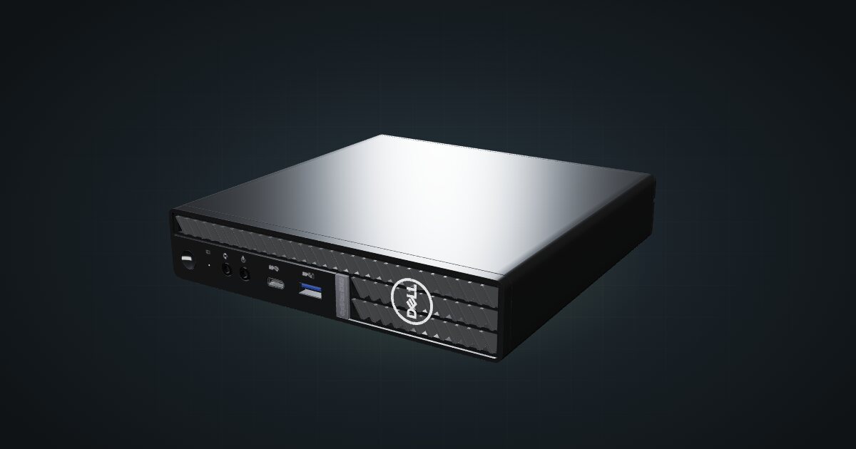 3D render of the Dell OptiPlex 5000 Micro, front three-quarter view on a dark studio backdrop
