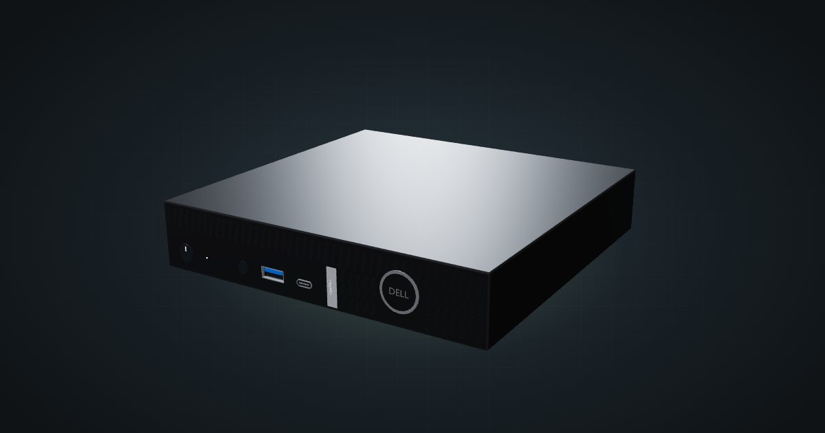 3D render of the Dell OptiPlex Micro 7020 lying flat, front three-quarter view on a dark studio backdrop