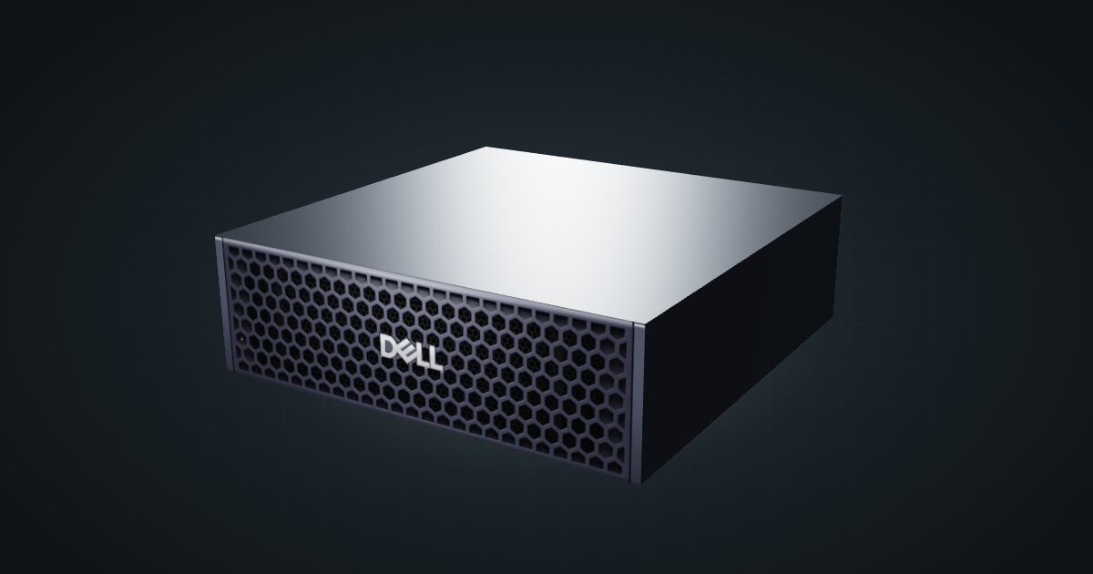 3D render of the Dell Pro Max GB10, front three-quarter view on a dark studio backdrop
