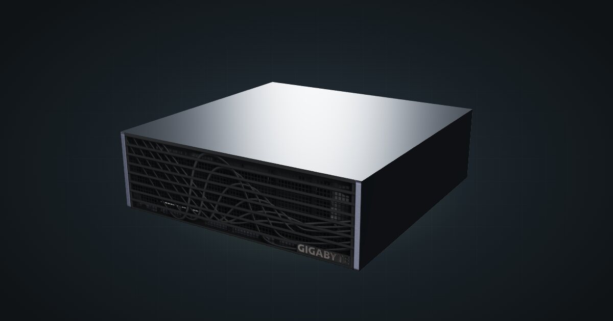 3D render of the Gigabyte AI TOP ATOM, front three-quarter view on a dark studio backdrop