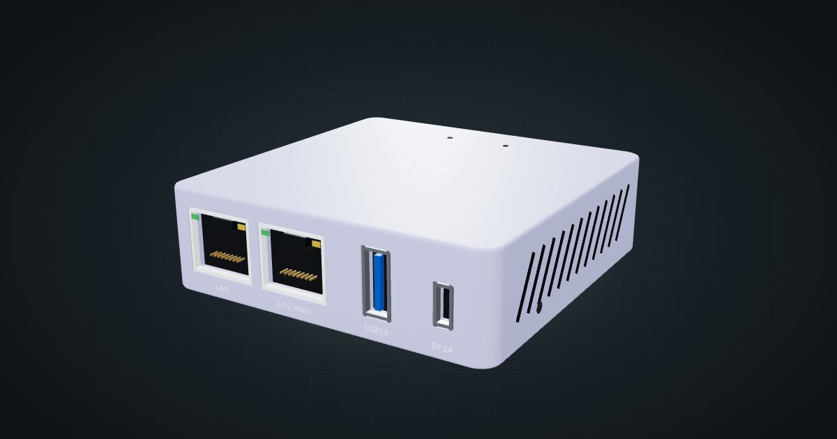 3D render of the lavender GL.iNet Brume 2 VPN gateway, front three-quarter view on a dark studio backdrop