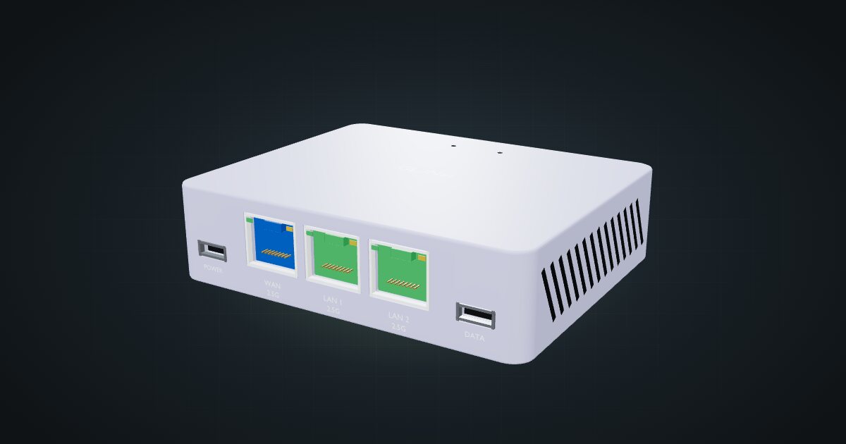3D render of the lavender GL.iNet Brume 3 VPN gateway, front three-quarter view on a dark studio backdrop