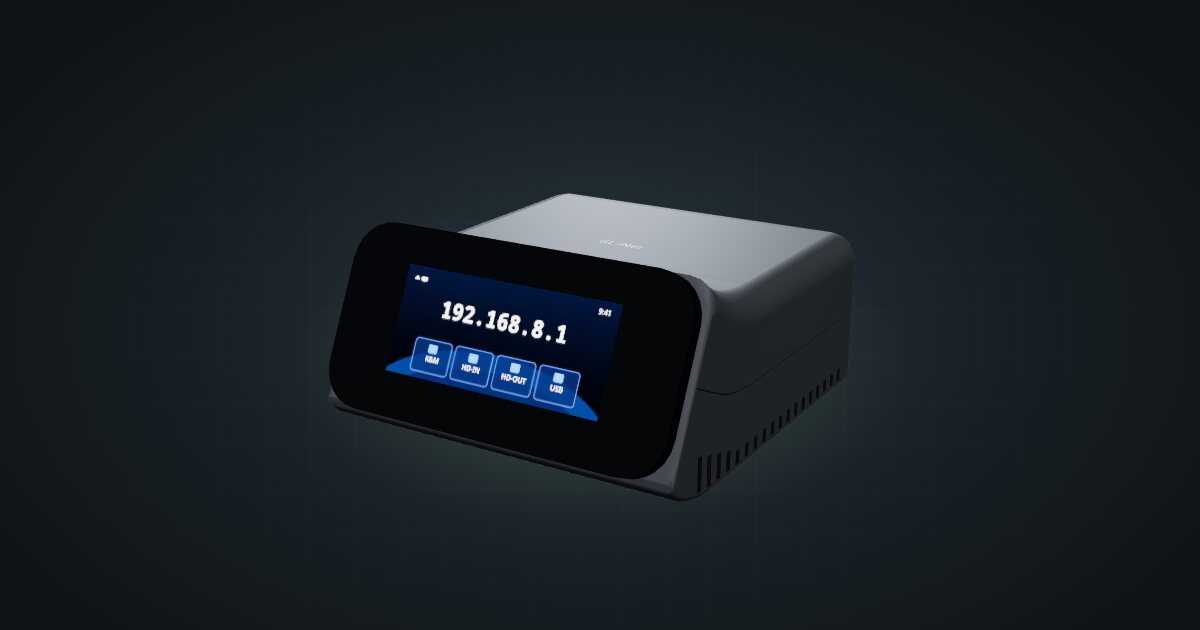 3D render of the GL.iNet Comet Pro remote KVM, front three-quarter view on a dark studio backdrop