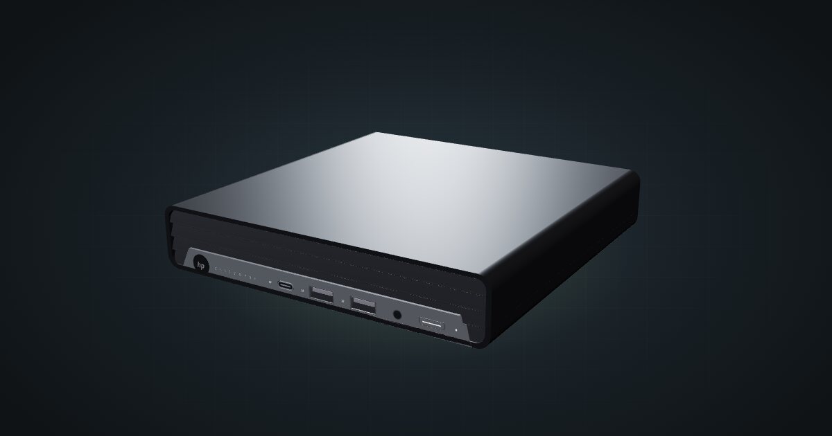 3D render of the HP EliteDesk 800 G6 Mini, front three-quarter view on a dark studio backdrop