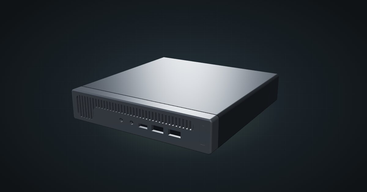 3D render of the HP ProDesk 600 G2 Mini, front three-quarter view on a dark studio backdrop