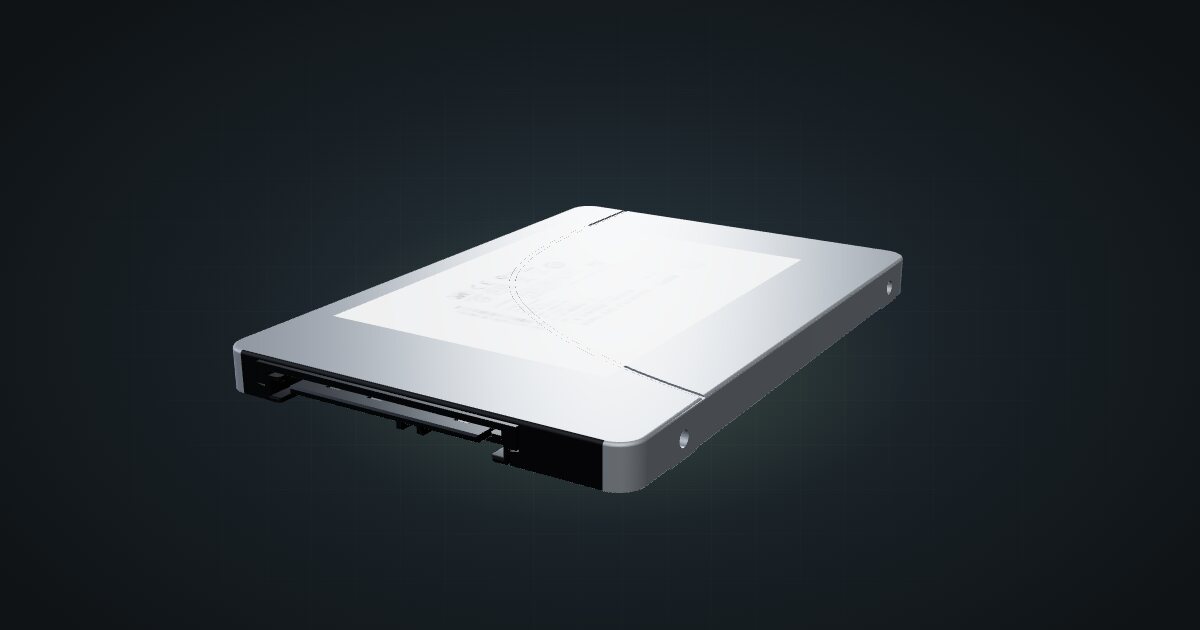 3D render of the Intel 520-series 2.5-inch SSD, front three-quarter view on a dark studio backdrop