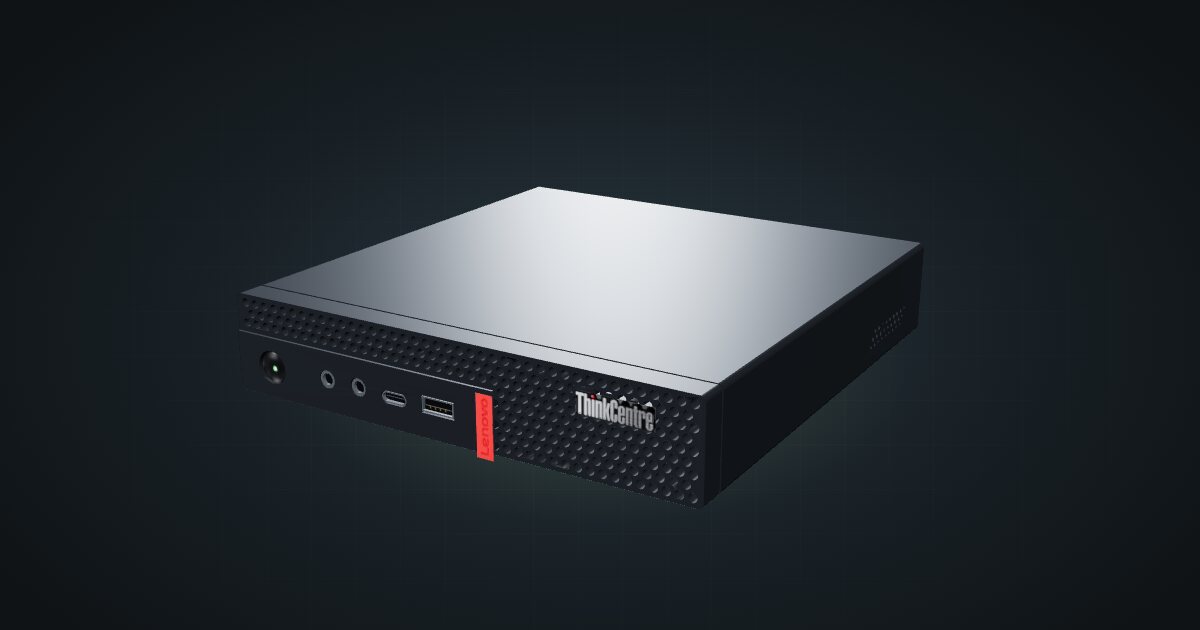 3D render of the Lenovo ThinkCentre M710q Tiny, shown with the M920q stand-in model, front three-quarter view on a dark studio backdrop