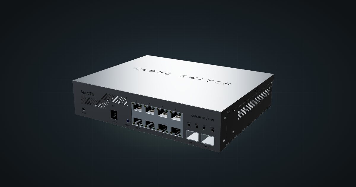3D render of the MikroTik CSS610-8G-2S+IN switch, front three-quarter view on a dark studio backdrop