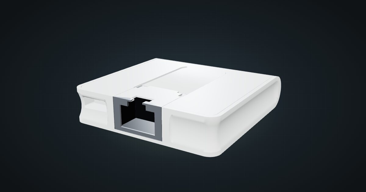 3D render of the MikroTik mAP lite access point, front three-quarter view on a dark studio backdrop