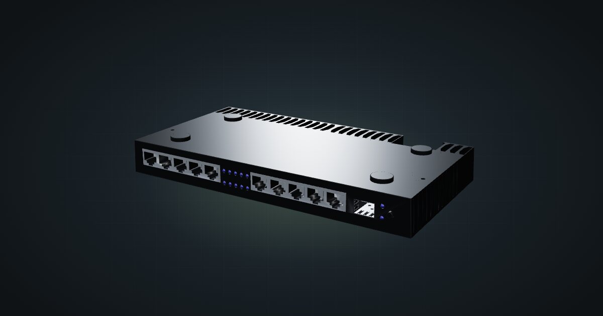 3D render of the MikroTik RB4011iGS+RM router without rack ears, front three-quarter view on a dark studio backdrop
