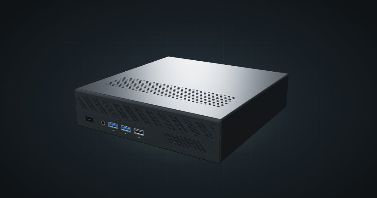 3D render of the Minisforum MS-A2, front three-quarter view on a dark studio backdrop