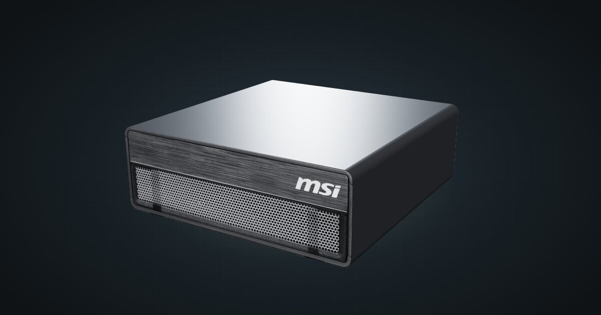 3D render of the MSI EdgeXpert, front three-quarter view on a dark studio backdrop