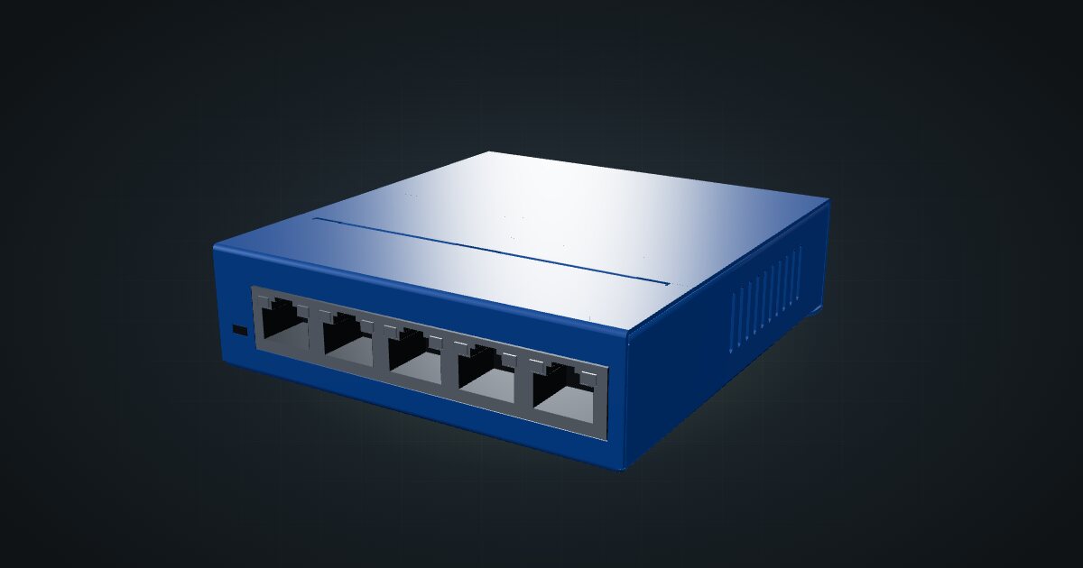 3D render of the NETGEAR GS105 switch, front three-quarter view on a dark studio backdrop