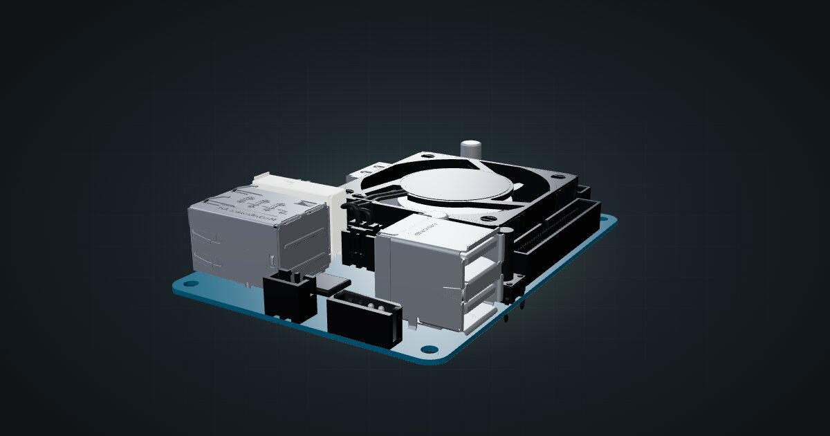 3D render of the Hardkernel ODROID-XU4 board with its fan and heatsink, front three-quarter view on a dark studio backdrop