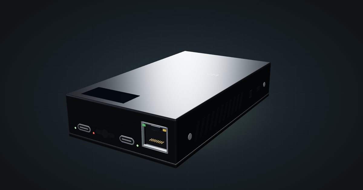3D render of the PiKVM V4 Mini, front three-quarter view on a dark studio backdrop