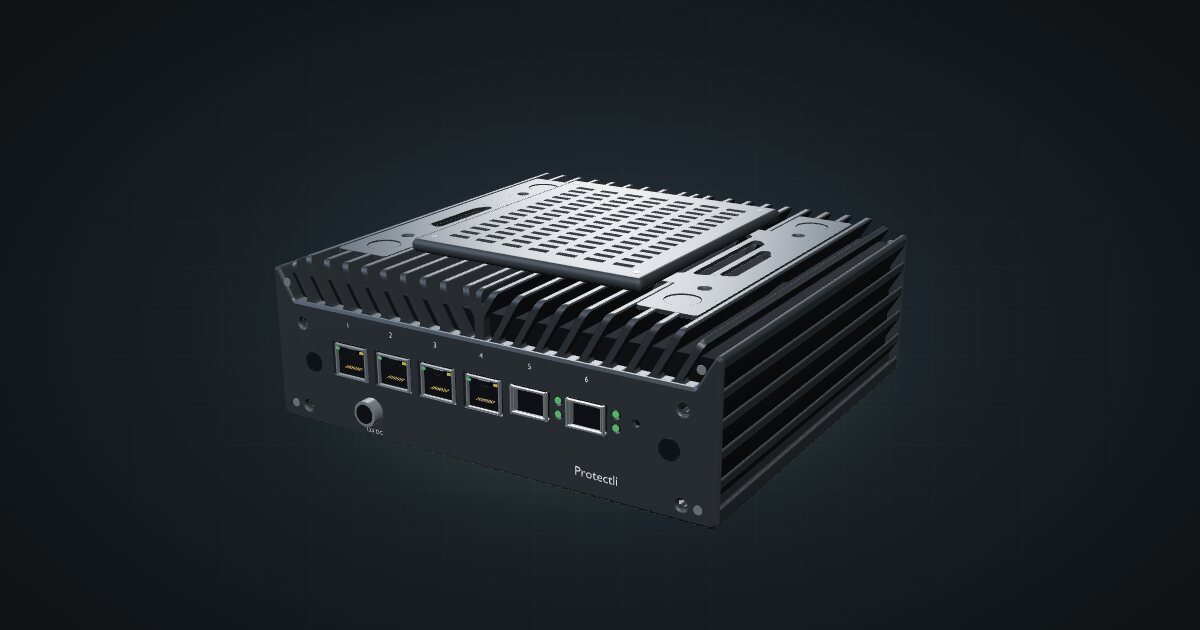 3D render of the Protectli Vault Pro VP6630 firewall appliance, front three-quarter view on a dark studio backdrop