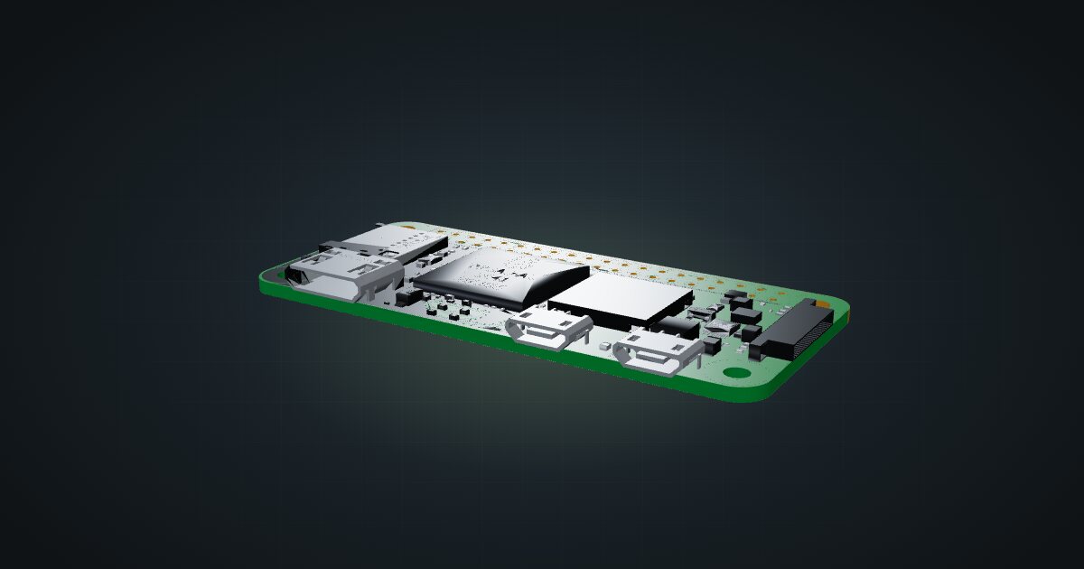 3D render of the Raspberry Pi Zero 2 W board, front three-quarter view on a dark studio backdrop