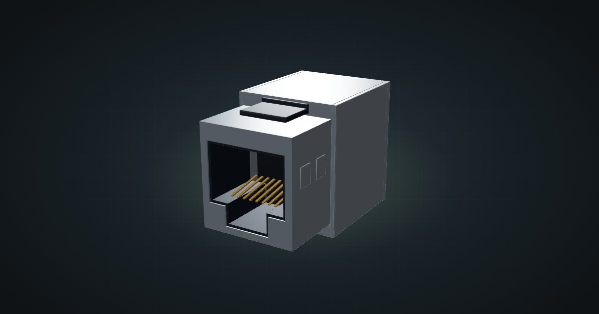 3D render of a shielded RJ45 keystone coupler, front three-quarter view on a dark studio backdrop