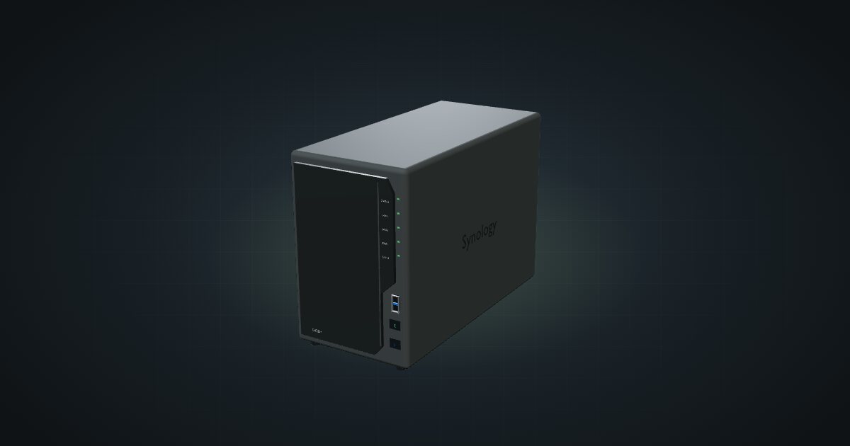 3D render of the Synology DiskStation DS225+ two-bay NAS, front three-quarter view on a dark studio backdrop