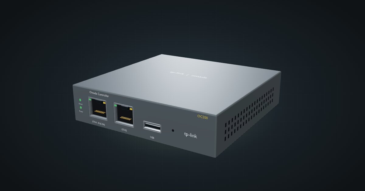 3D render of the TP-Link Omada OC200 V1 controller, front three-quarter view on a dark studio backdrop