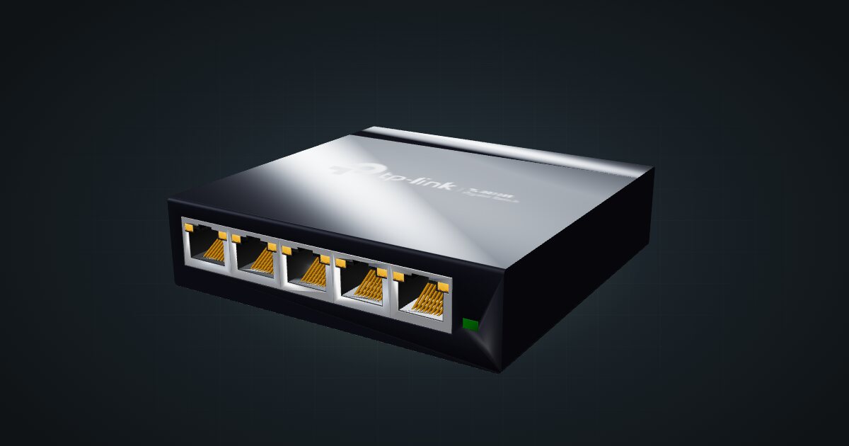 3D render of the TP-Link TL-SG105E switch, front three-quarter view on a dark studio backdrop