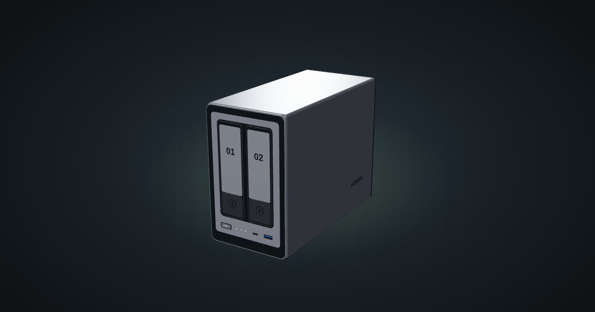 3D render of the UGREEN NASync DXP2800 two-bay NAS, front three-quarter view on a dark studio backdrop