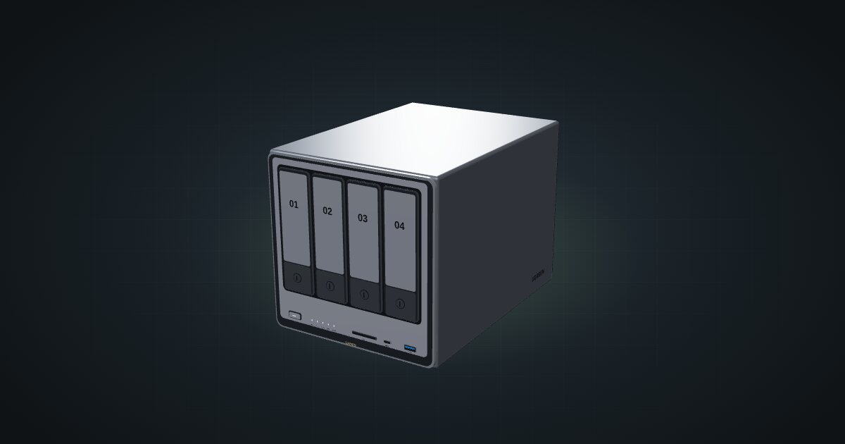 3D render of the UGREEN NASync DXP4800 four-bay NAS, front three-quarter view on a dark studio backdrop