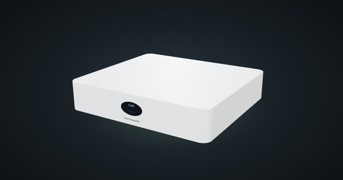 3D render of the Ubiquiti UniFi Cloud Gateway Max, front three-quarter view on a dark studio backdrop