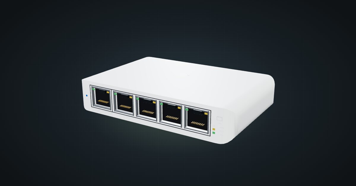3D render of the Ubiquiti UniFi Flex Mini switch, front three-quarter view on a dark studio backdrop
