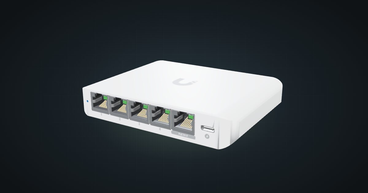 3D render of the Ubiquiti UniFi Flex Mini 2.5G switch, front three-quarter view on a dark studio backdrop