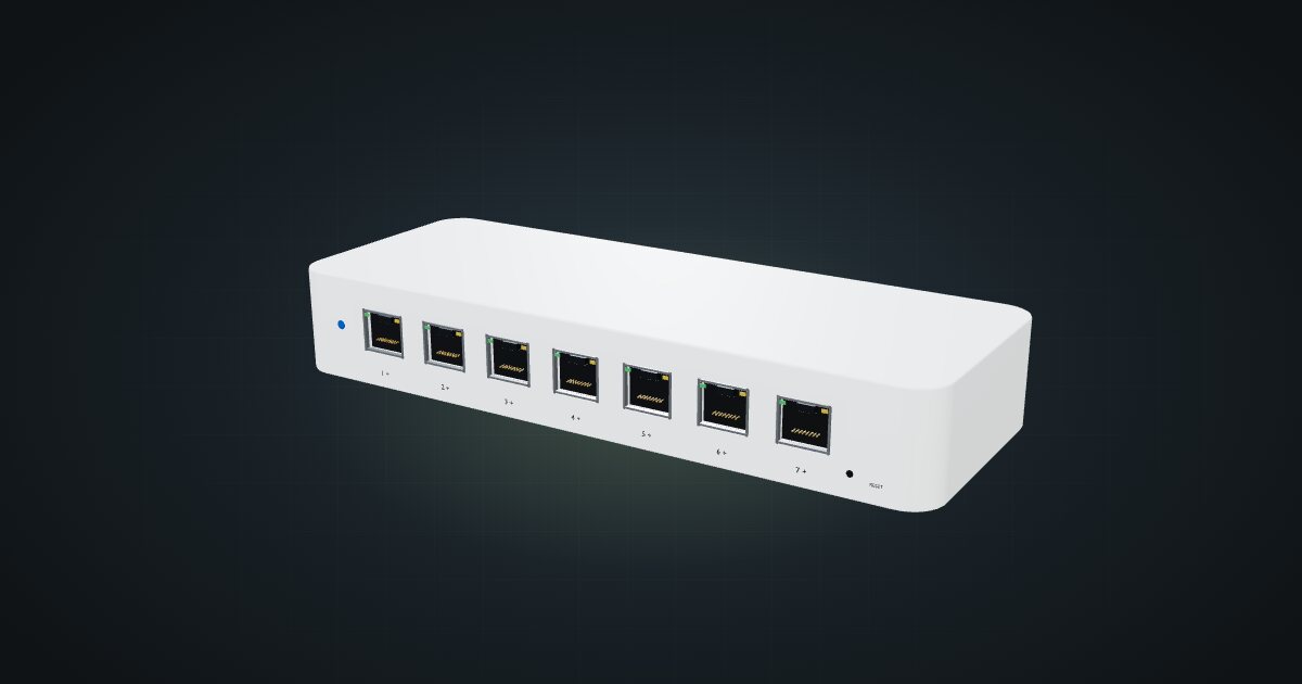 3D render of the Ubiquiti UniFi Switch Ultra, front three-quarter view on a dark studio backdrop