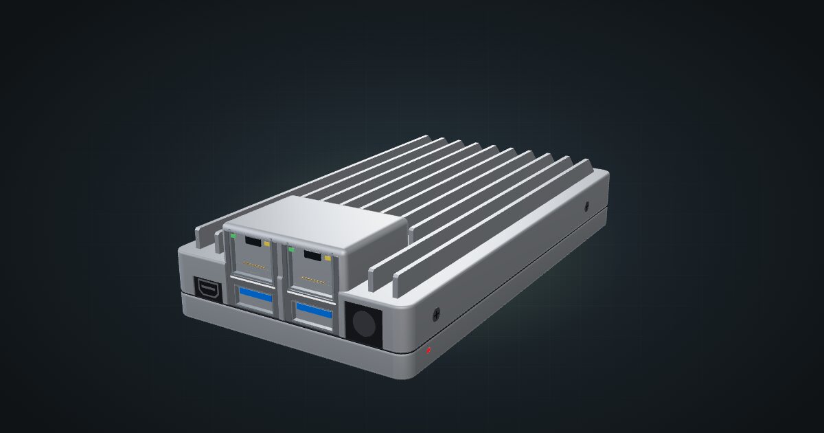 3D render of the IceWhale ZimaBoard 2 single-board server, front three-quarter view on a dark studio backdrop