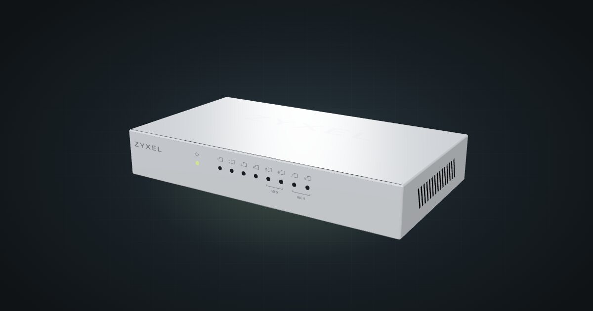 3D render of the Zyxel GS-108B v3 switch, front three-quarter view on a dark studio backdrop